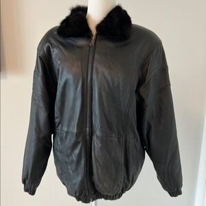 Black Leather Womens Bomber Jacket with Faux Fur Collar and Lining Size L - XL